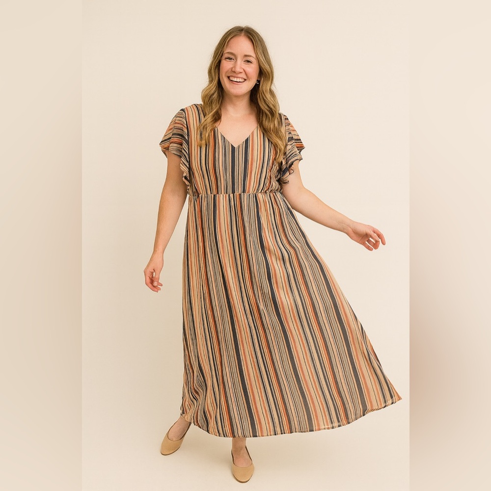 Est. 1946 striped maxi dress with flutter sleeves fall colors lined on top OO